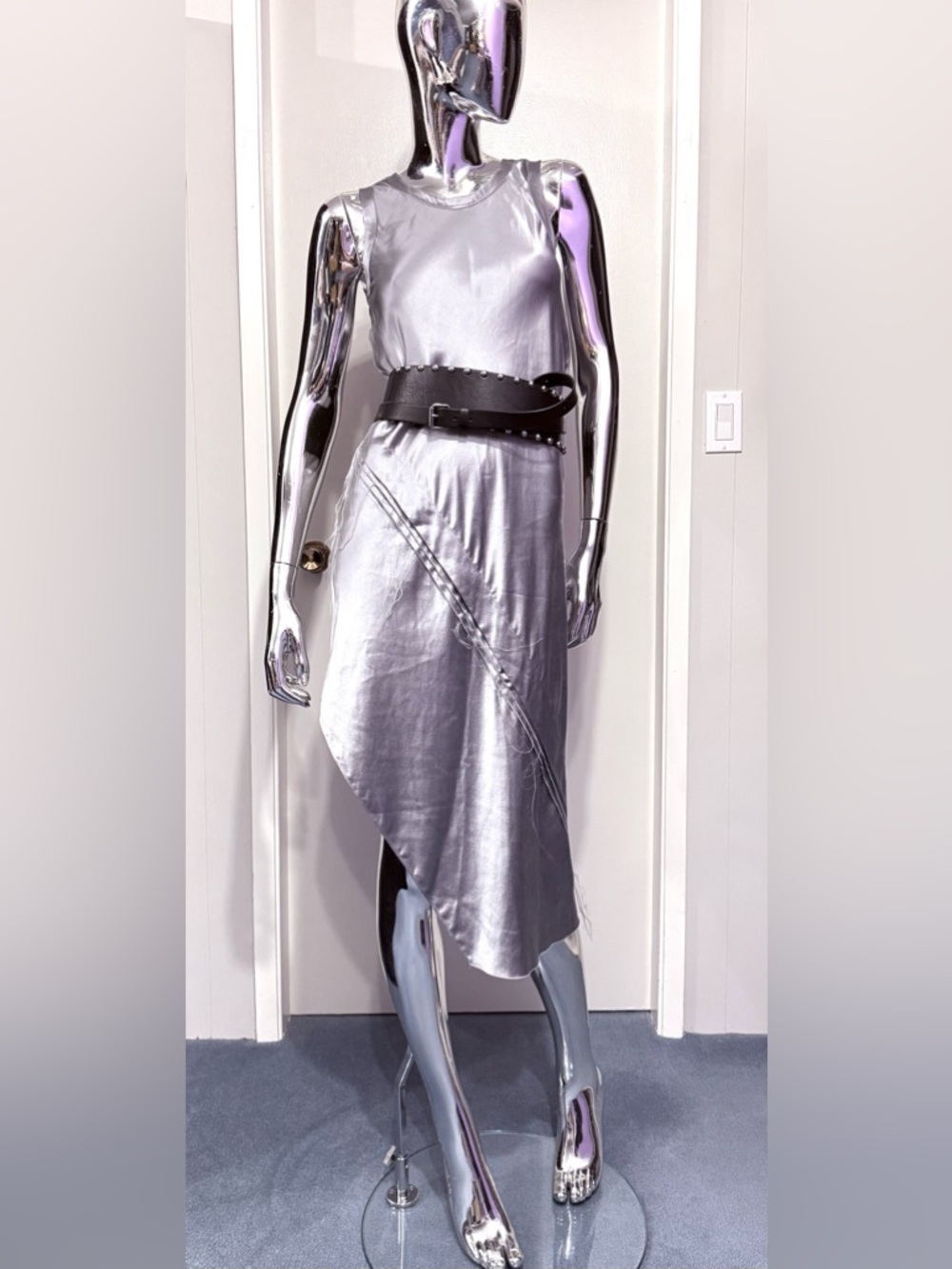 Helmut Lang Silver Asymmetrical Bias cut, raw edge Slip Dress - heavy silk satin